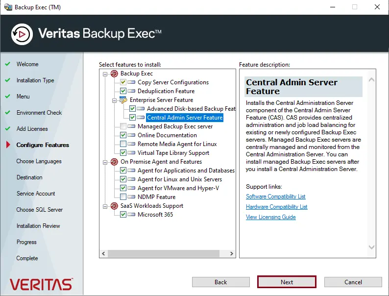 Select feature to install Backup Exec