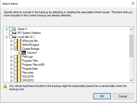 Select items windows server backup