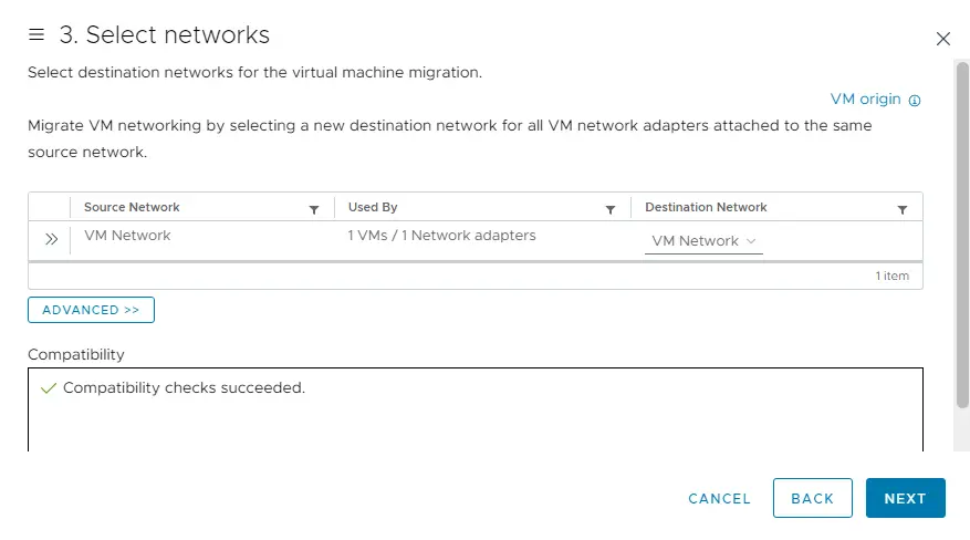 Select networks migrate VM