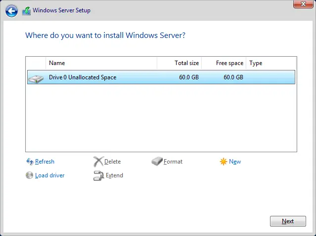 Select partition to install Windows server 2025