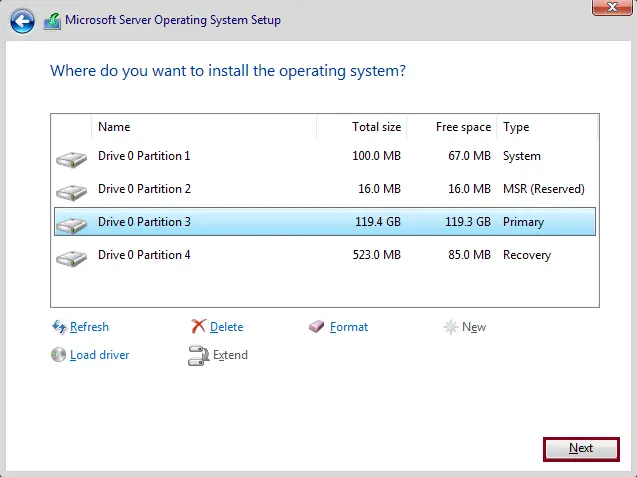 Select partition to install operating system