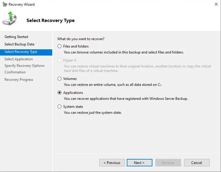 Select recovery type applications