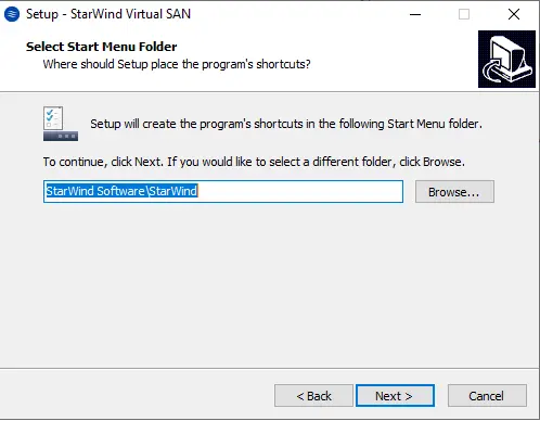 Select start menu folder StarWind VTL