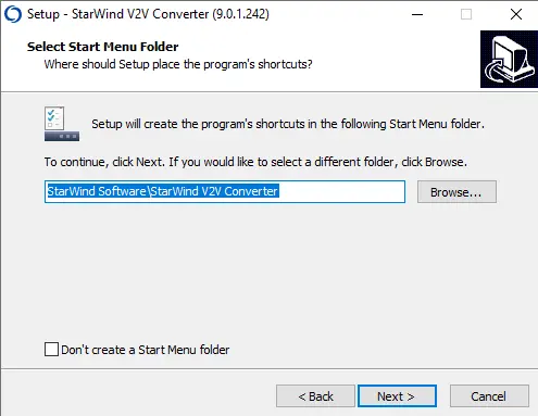Select start menu folder v2v converter