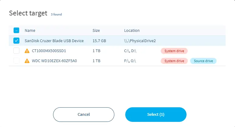 Select target USB balenaetcher