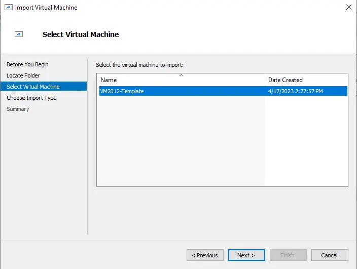 Select the VM to import Hyper-V