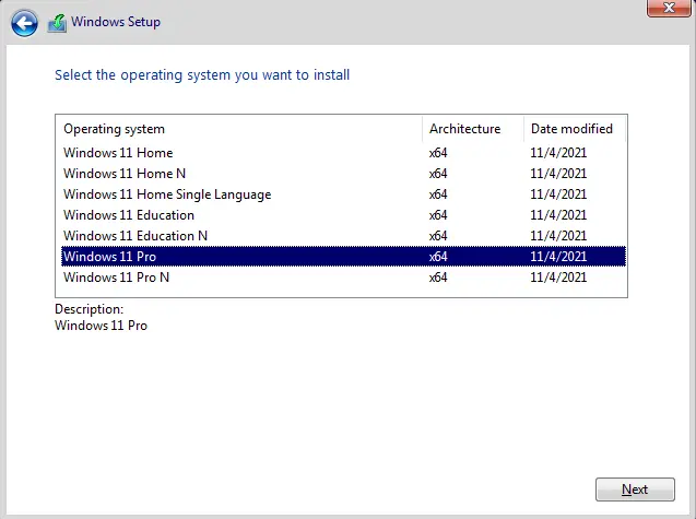 Select the operating system Windows 11