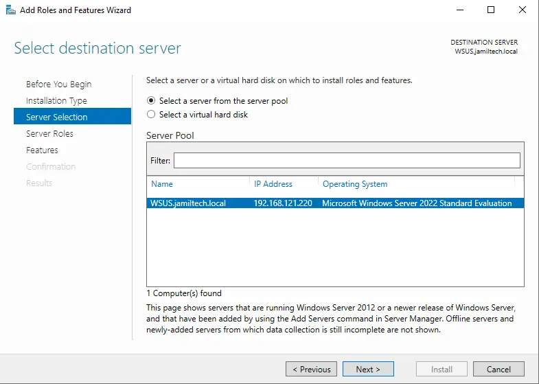 Select the server to install WSUS