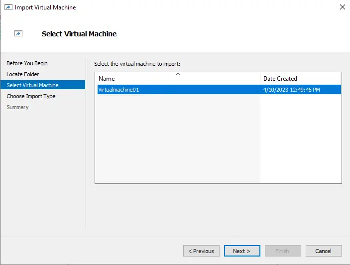 Select virtual machine to import