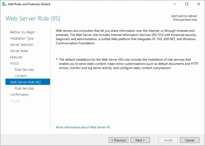 Select web server role IIS