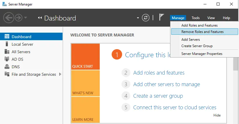 Server manager manage tab