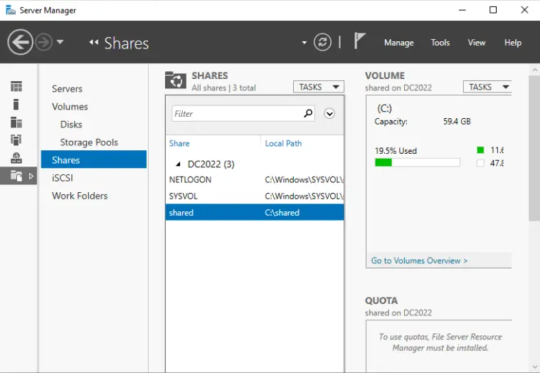 Server manager shares