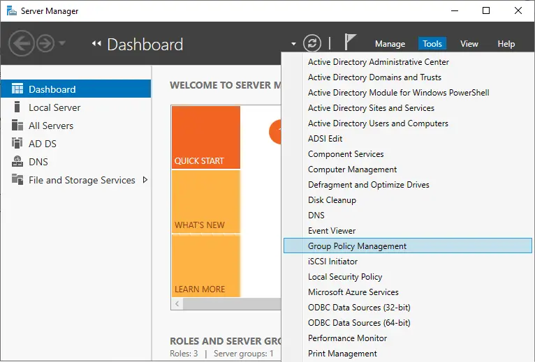 Server manager tools menu