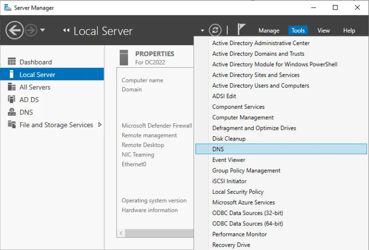 Server manager tools menu