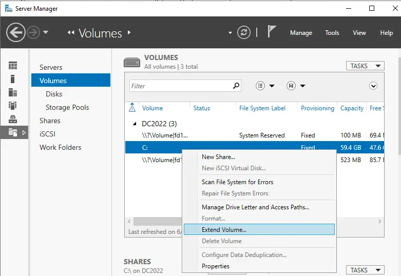 Server manager volumes