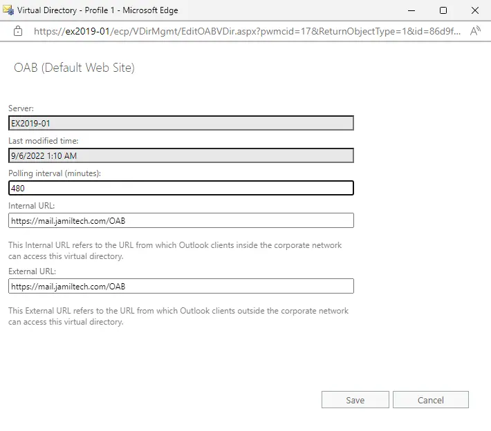 Set OAB virtual directory exchange 2019