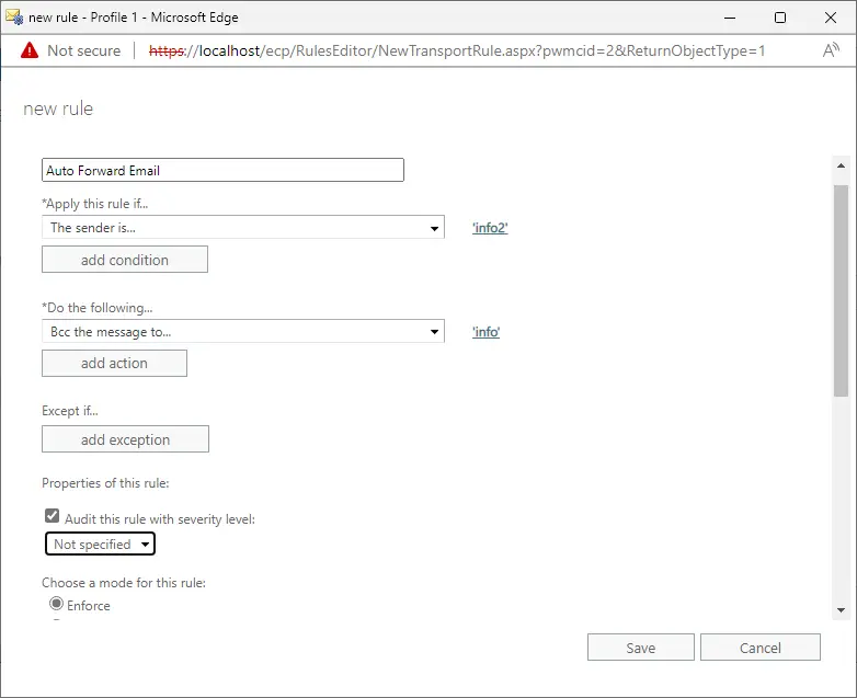 Set up automatic forwarding rule exchange