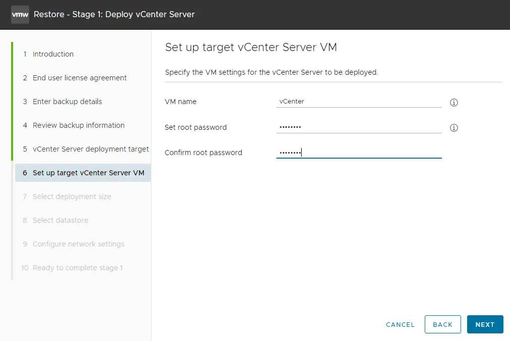 Set up target vCenter server VM