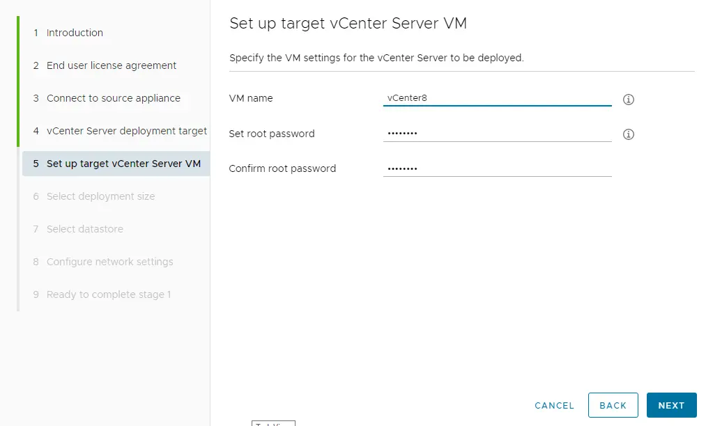 Set up target vCenter server VM