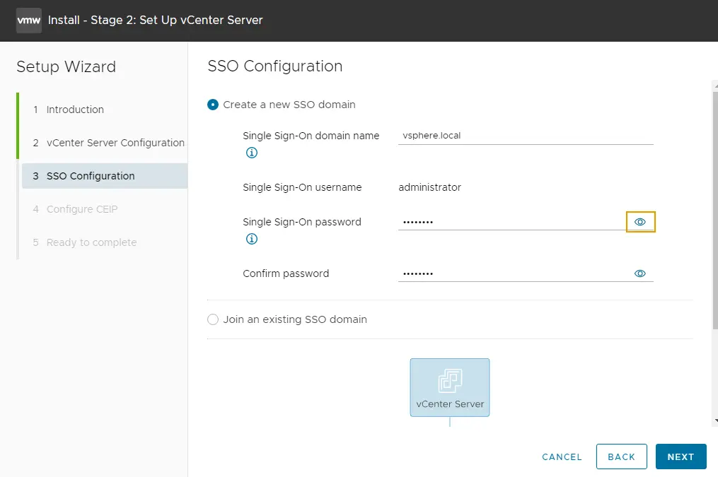 Set up vCenter server SSO configuration