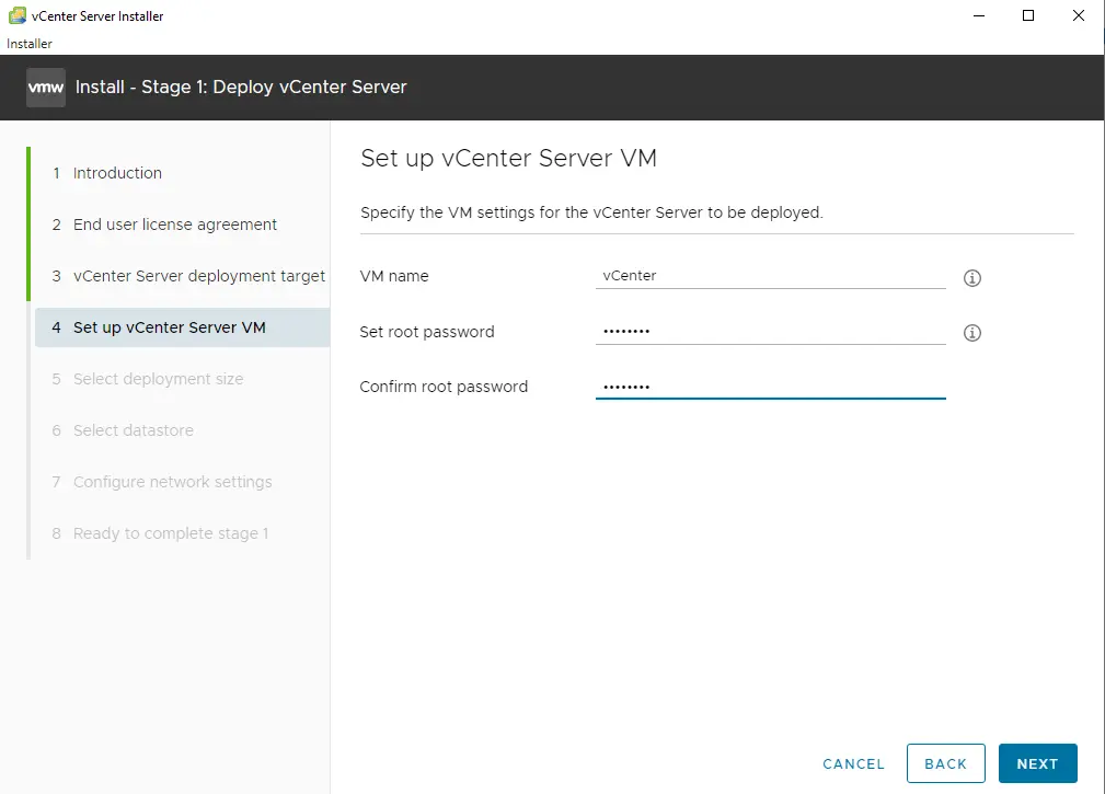 Set up vCenter server VM