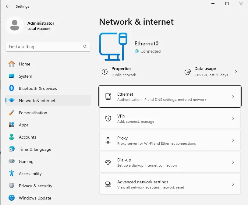 Settings network & internet