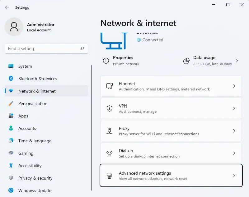 Settings network & internet