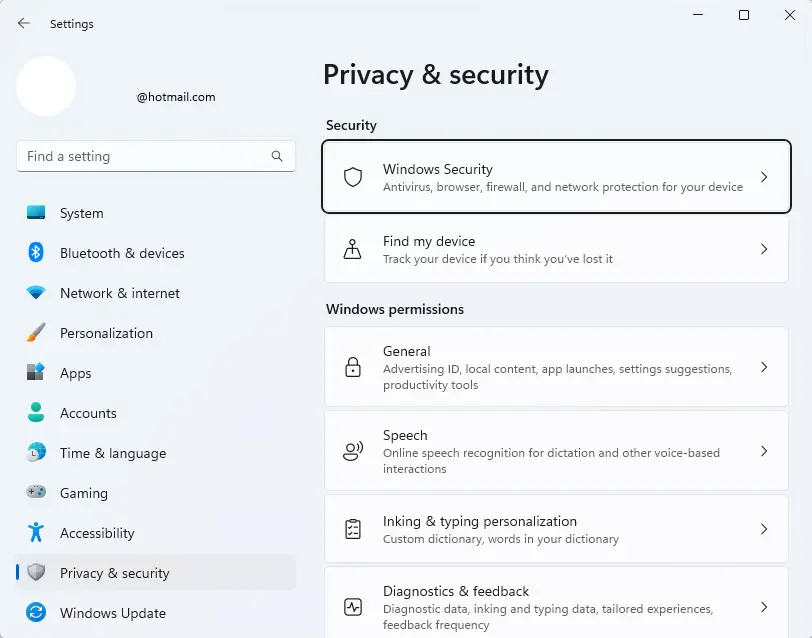 Settings privacy and security