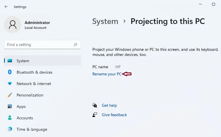 Settings projection to this pc