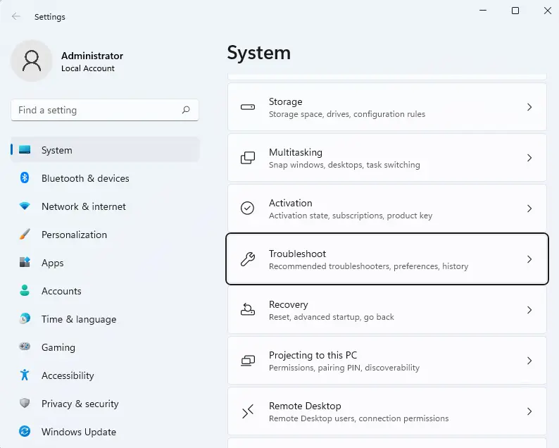 Settings system in windows 11