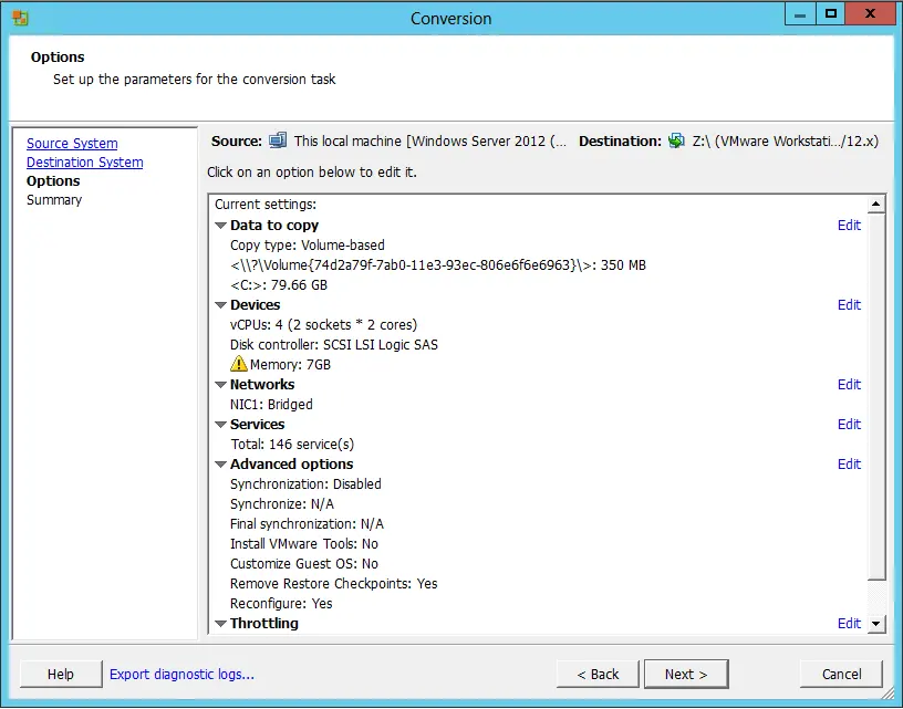 Setup parameter VMware converter