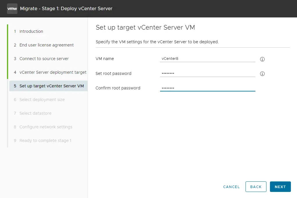 Setup target vCenter server VM