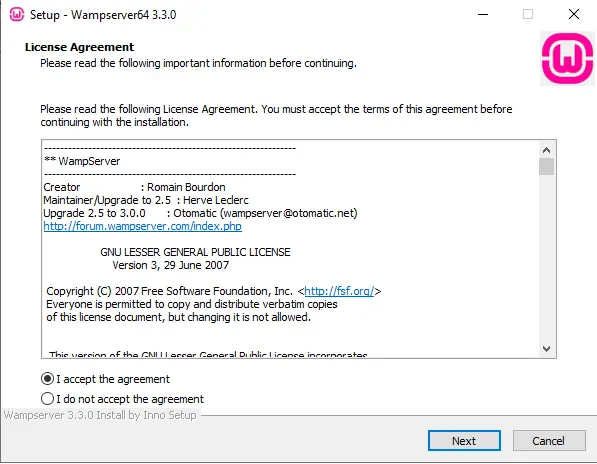 Setup wampserver license agreement