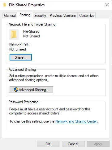 Share folder properties