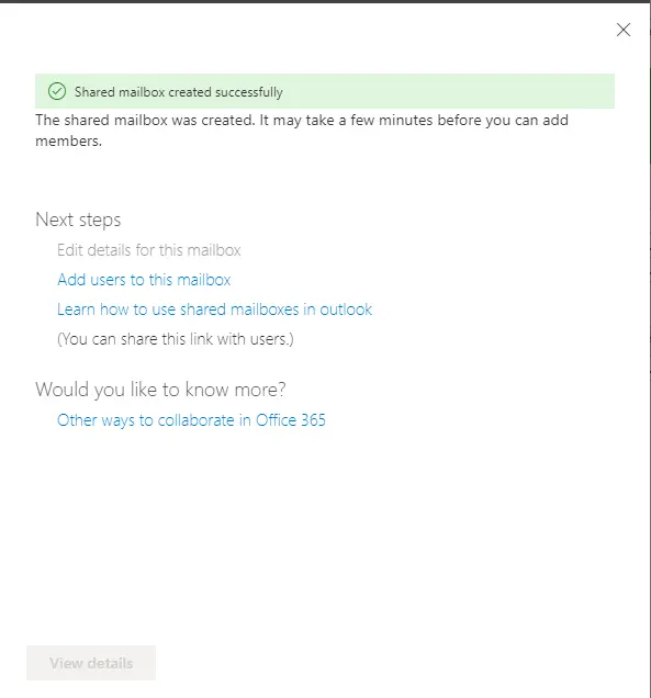 Shared mailbox created successfully