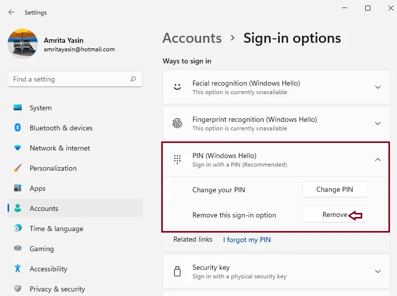 Sign-in options PIN (Windows Hello)