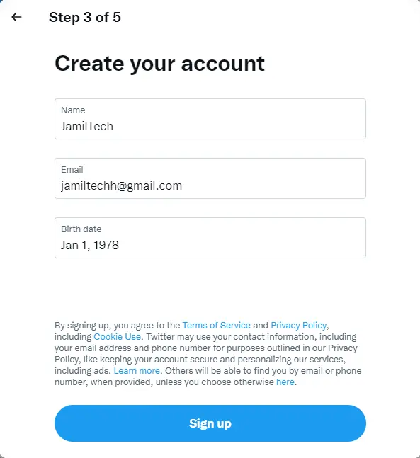 Sign up Twitter account