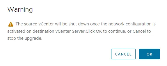 Source vCenter shut down warning