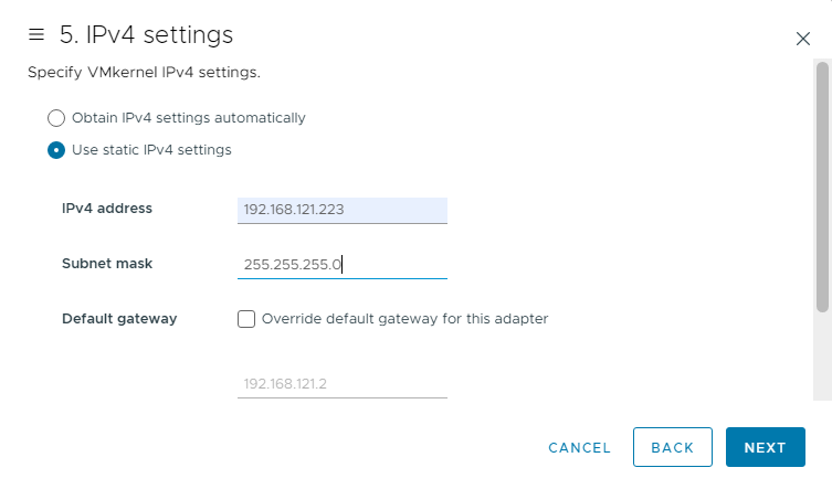 Specify VMkernel IPv4 settings