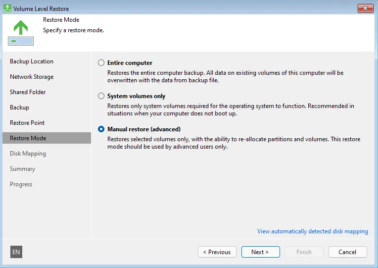 Specify a restore mode Veeam