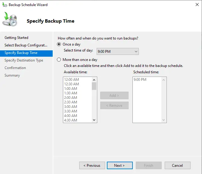 Specify backup schedule time