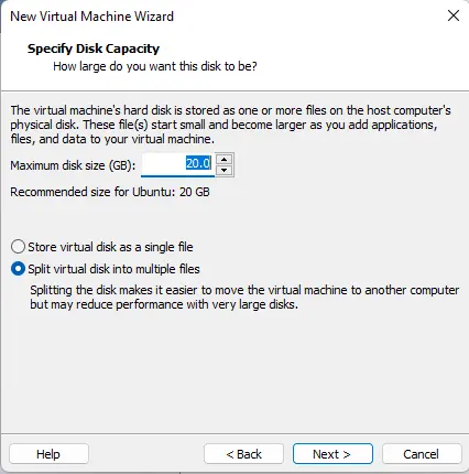 Specify disk space VMware Player