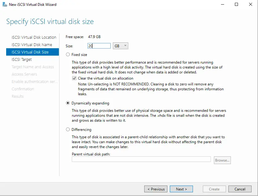 Specify iSCSI virtual disk size