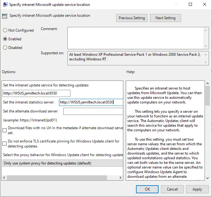 Specify intranet Microsoft Update service location