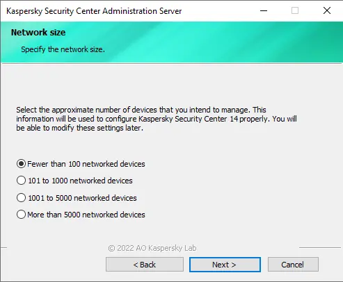 Specify network size Install Kaspersky