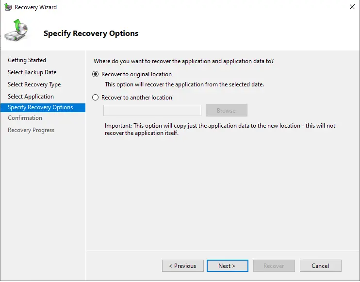 Specify recovery option
