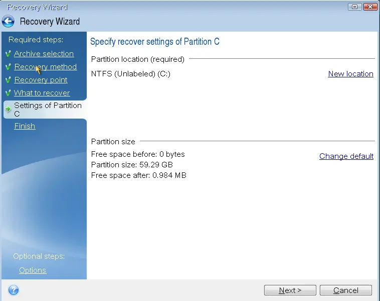 Specify recovery settings of partition