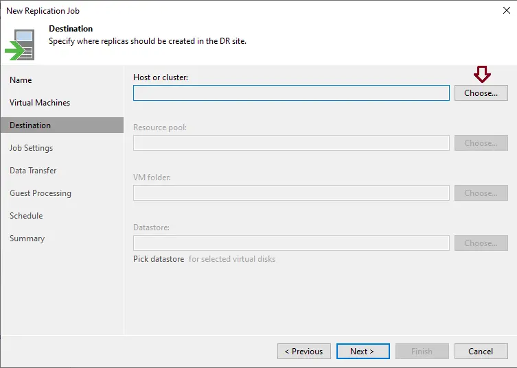 Specify replica destination Veeam