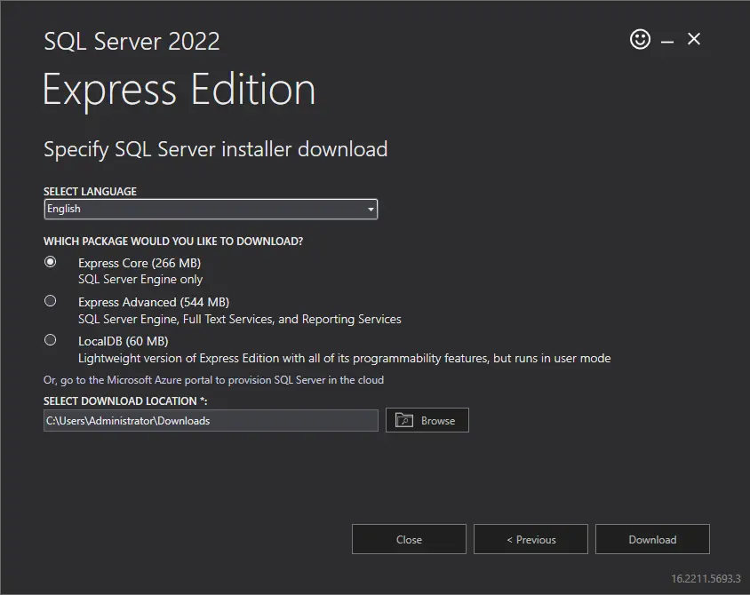 Specify sql server installer download