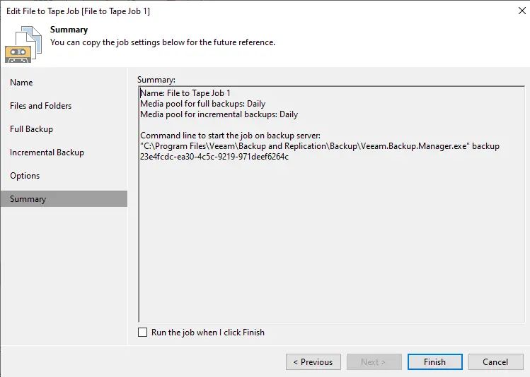 Veeam file to tape job summary